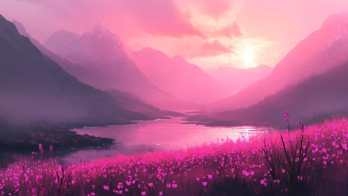 Sunset orchestrates pink mountains over a dreaming river