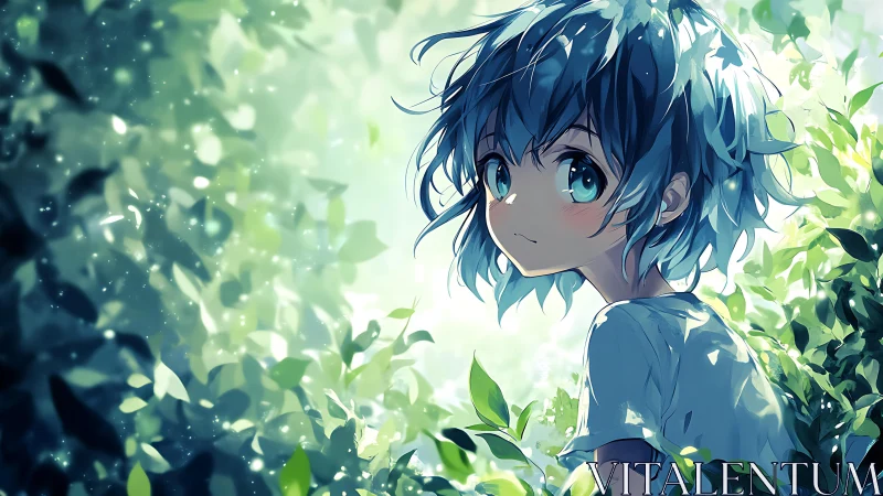 Blue‑haired anime child glows softly in enchanted garden light