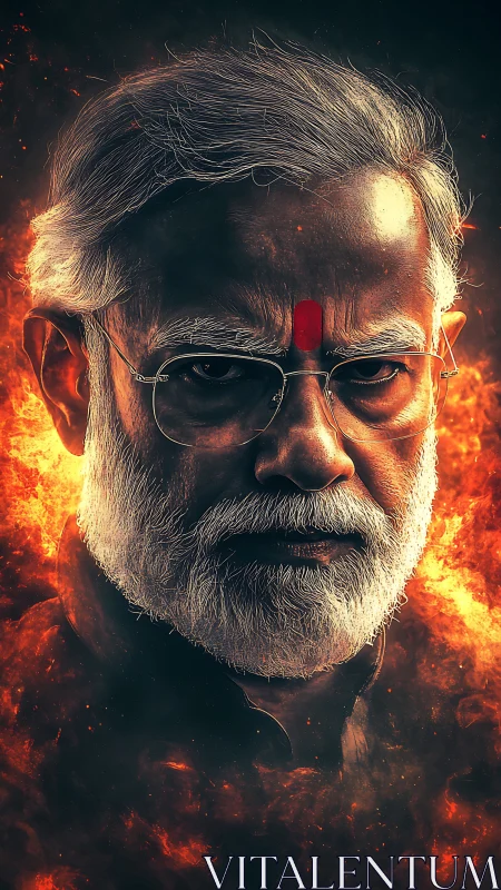 Elderly bearded man portrait against vivid fiery backdrop.