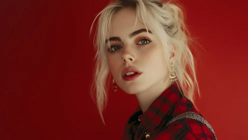 Striking blonde portrait against bold red studio backdrop.