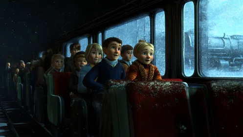 Excited children ride snowy night train past frosted windows