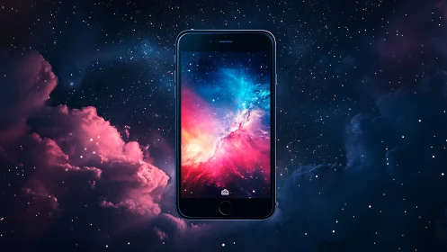 Smartphone portal suspended in luminous cosmic nebulae.