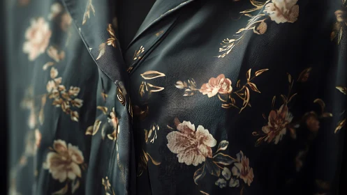 Silky floral blouse in soft-focus closeup detail study.
