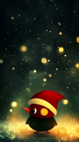 Festive cartoon bird in Santa hat under glowing lights.