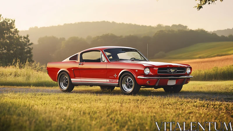 Red classic fastback muscle car parked on rural roadside