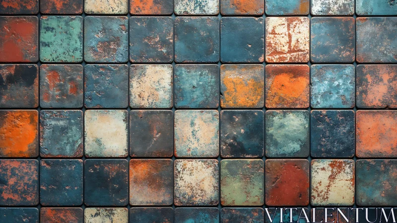 Vintage multicolor ceramic tiles with rustic textured finish.