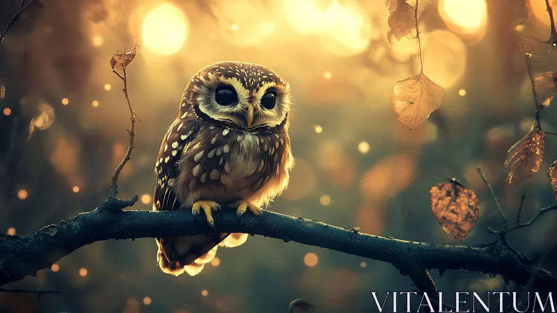 Enchanting owl perched on branch in dreamy autumn forest scene.