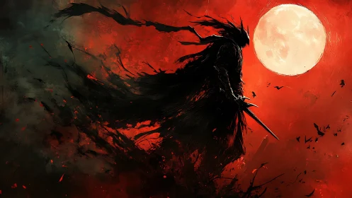 Nocturnal blade silhouette against saturated blood-red moonfield.