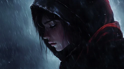Hooded female profile in rain with dark muted background.