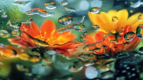Water droplets refract vibrant orange flowers in nature
