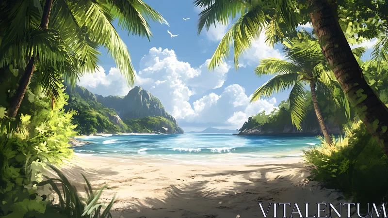 Tropical Paradise Beach Framed by Palm Trees.