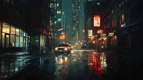 Midnight taxi glides through neon rain and mirrored streets