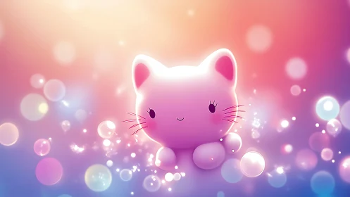Dreamy pastel kitty glowing in a bubblelit twilight haze.