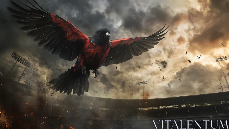 Large red-black bird over stadium under dense storm clouds.