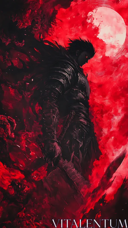 Lone dark knight stands beneath a furious blood-red moon