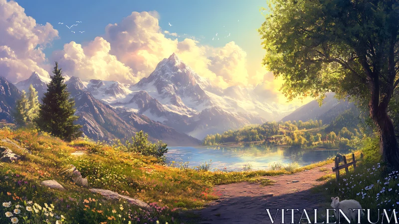 Mountain lake valley under soft afternoon sunlight.