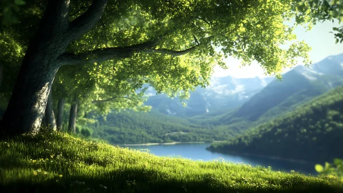 Ray-traced hillside forest overlooking alpine lake and mountains