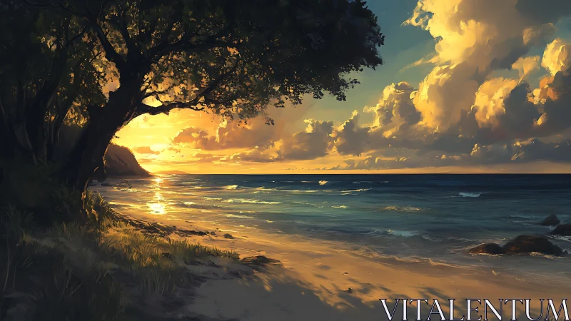 Golden hour shoreline beneath sprawling coastal tree canopy.