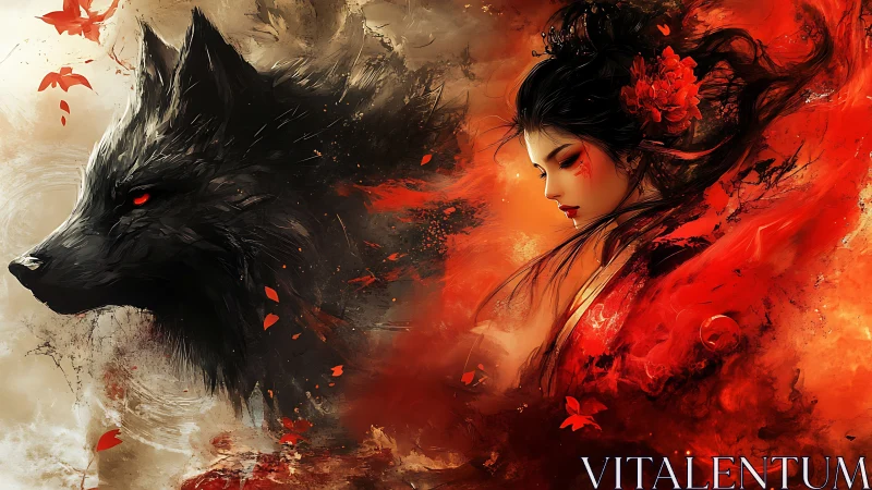 Wolf profile and red-clad woman share dynamic fiery composition