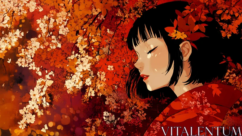 Side profile of woman in red kimono amid orange blossoms.