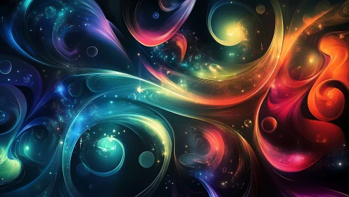 Multicolor fractal nebula swirls with luminous particle filaments