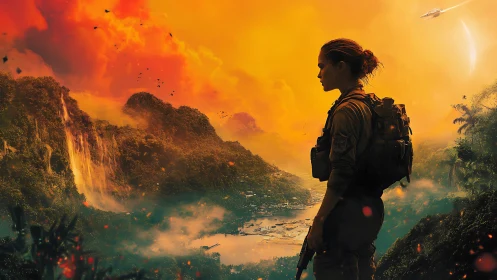 Armed reconnaissance operative surveying volcanic jungle basin.