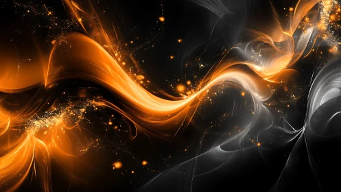 Digital painting of luminous orange plasma ribbons on black field.