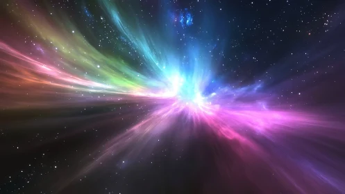 Radiant cosmic lightburst stretching across quiet stars.