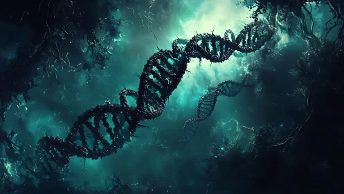 Mystic forest DNA strands drifting through teal starlight.