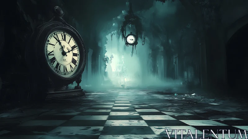Gothic corridor of broken time with looming antique clocks.
