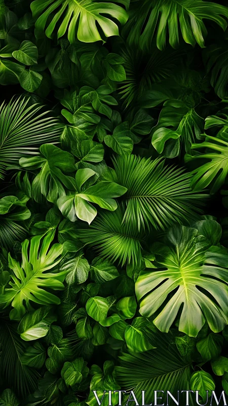 Lush overlapping tropical leaves in deep emerald tones.