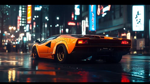Retro supercar glows against neon city streets at night.