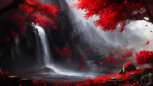 Waterfall flows through red forest in mist-covered valley