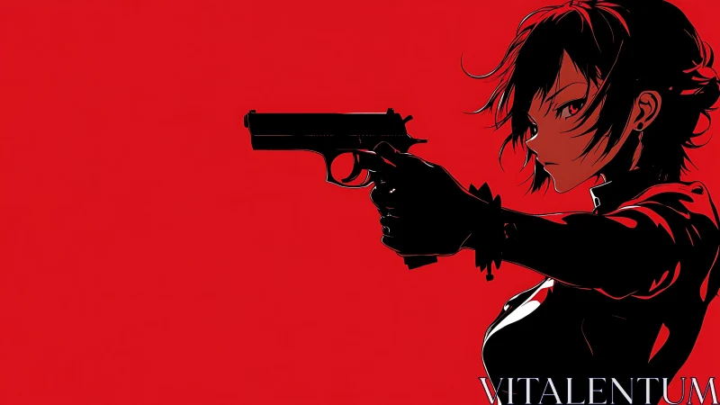 Dark-haired anime sharpshooter aims forward in stark red profile.