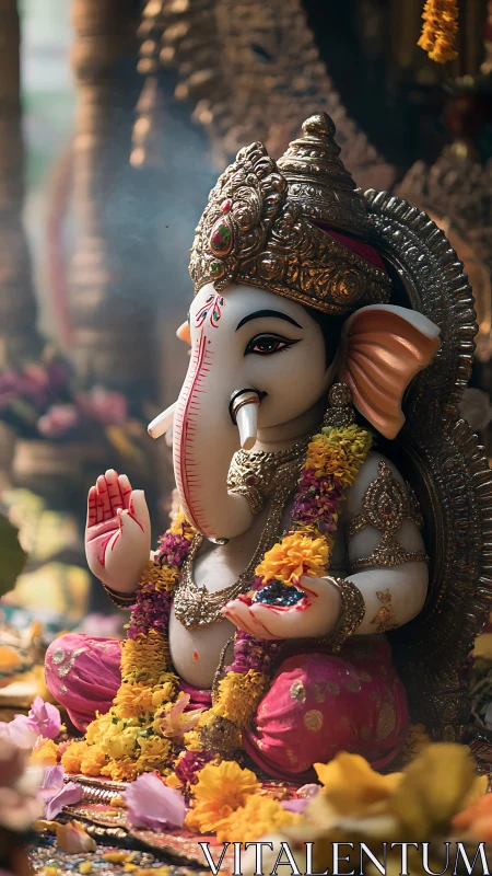 Gentle Ganesha glows amid marigold garlands and drifting incense