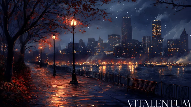 Riverside city skyline glows under stormy autumn night.