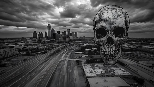 Skull graphic looms over monochrome city highwayscape
