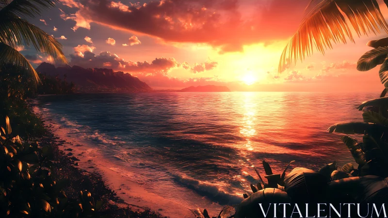 Luminous tropical coastline under radiative sunset scattering.