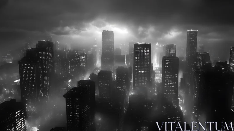 Dark foggy city skyline with glowing lights at night.