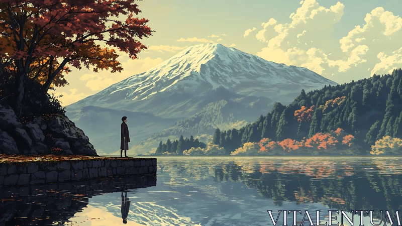 Solitary figure beside calm lake under autumn mountain.