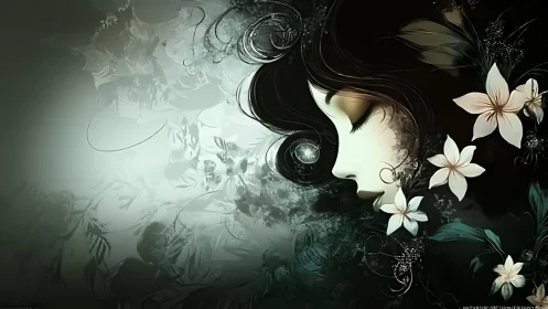Silent profile of floral woman merges with dark abstract background