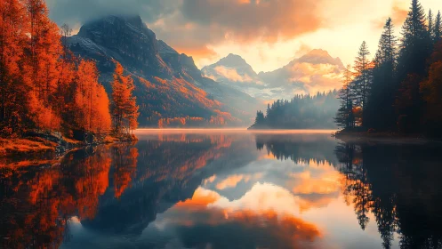 Autumn mountain lake reflects fiery forest and glowing sunrise