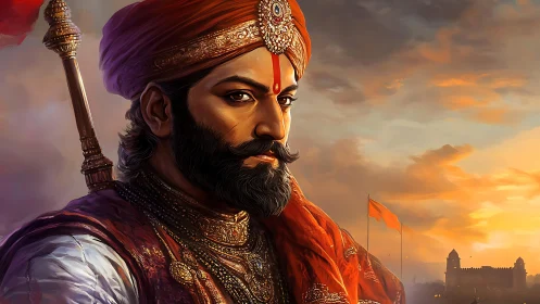 Regal warrior portrait before fortress at sunset.