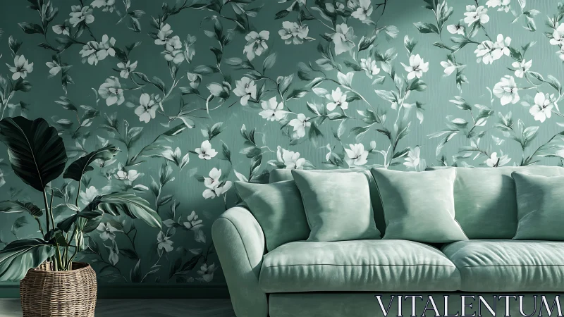 Soft teal floral sofa scene with lush botanical wallpaper.
