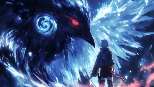 Stormlit shinobi confronts colossal frostfire raven spirit