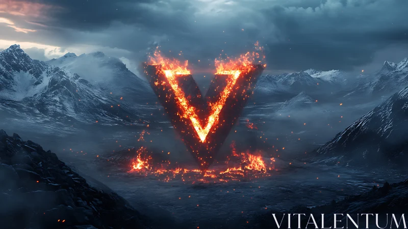 Fiery triangle sigil blazing over a stormy frozen valley.