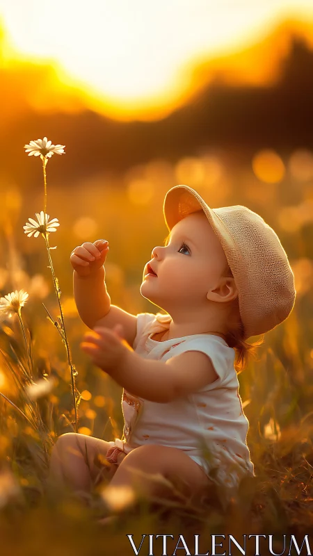 Baby studies daisy in glowing sunset meadow light