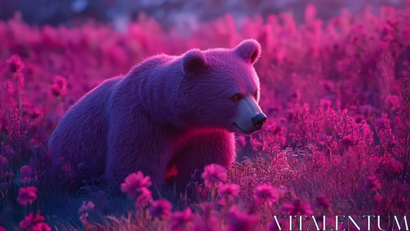 Violet bear pauses in glowing magenta wildflower meadow at dusk.