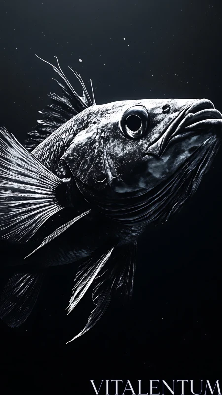 High-contrast monochrome render shows detailed fish profile