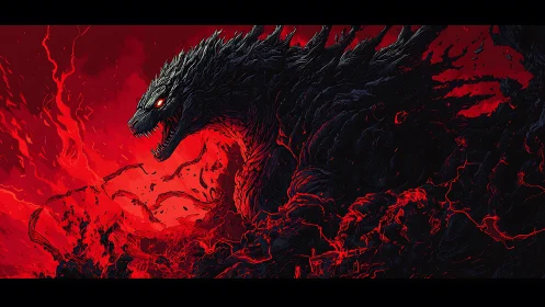 Molten night titan rising through storms of red fire.